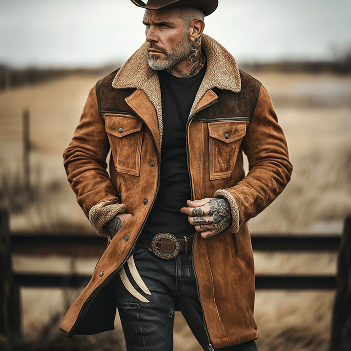 Lång Herrvinterkappa Med Knappar Framtill Och Shearling-Detaljer