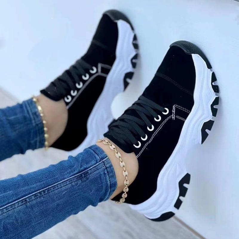 Dam Sommar Platå Sport Flats Sneakers Med Snörning Rund Tå Med Medelhög Klack