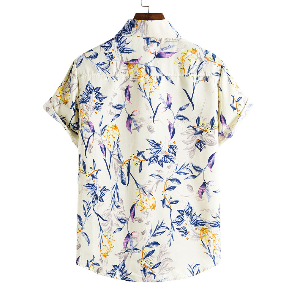 Herr Sommar Blommigt Mönster Kortärmad Skjorta Slagkrage Slim Fit Holiday Topp