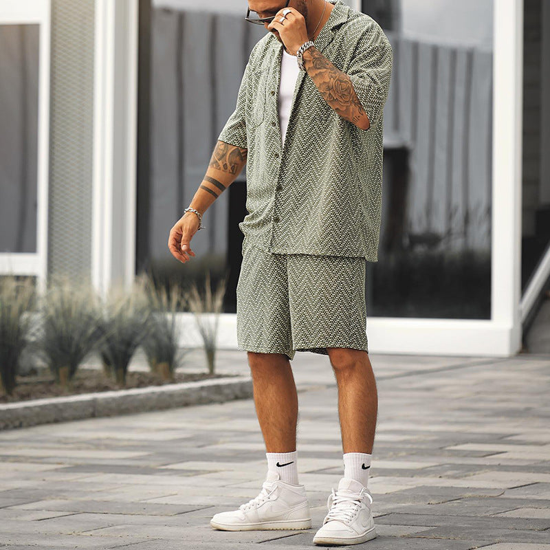 Herrset med kortärmad skjorta och shorts, tvådelat set, grågrönt, polyesterfiber, lättviktigt vardagskläder