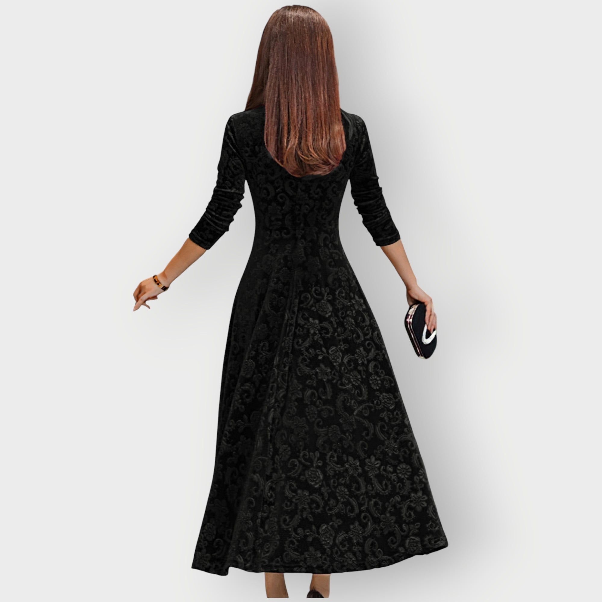 Kvinnoklänning Jacquard Sammet Midi V-ringad Fit-and-Flare
