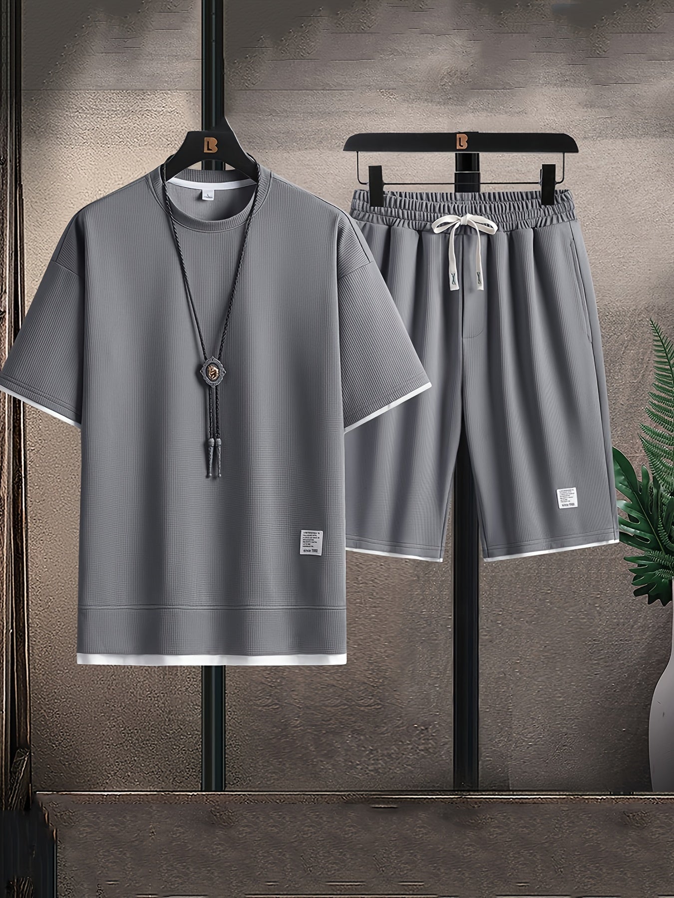 Herr Tvådelat Set Våffelstickad T-Shirt Dragsko Shorts
