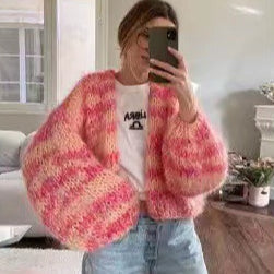 Dam Långärmad Stickad Cardigan Flerfärgad