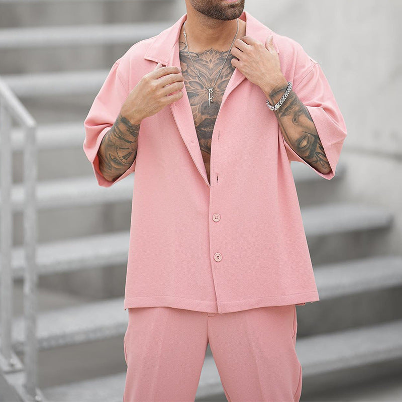 Herr Sommar Tvådelat Skjorta Byxset Vävd Lätt Enfärgad Färg Matchande Outfit Flera Storlekar