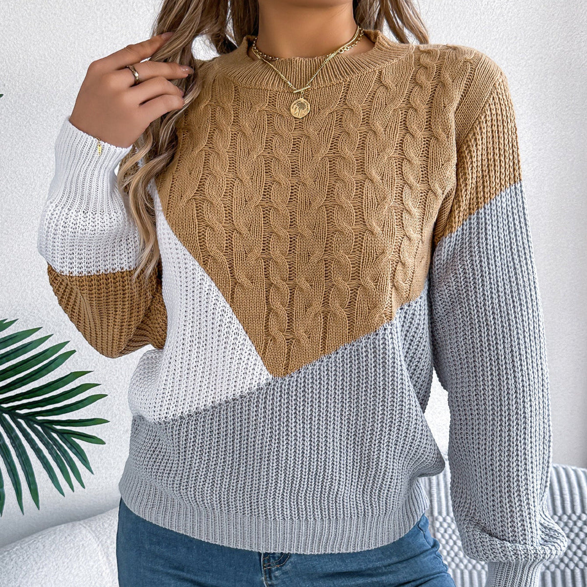 Dam Twist Knit Långärmad Kontrastfärgad Pullover