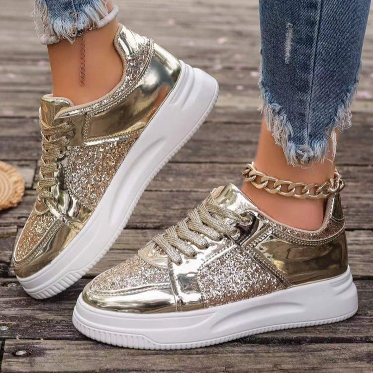 Damsneakers Med Snörning, Paljettdesign Och Tjock Platt Sula