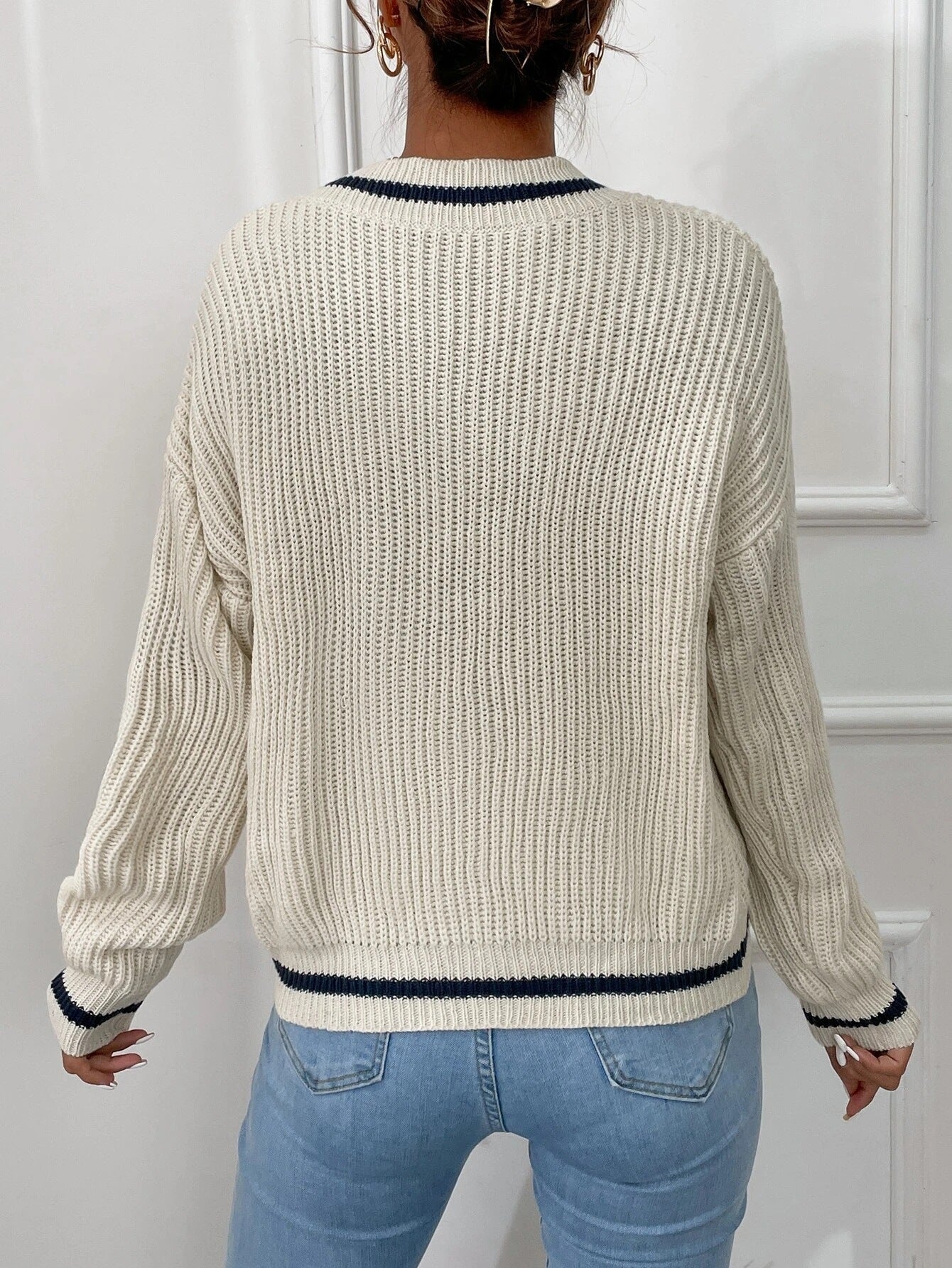 Dam V-Ringad Tröja Med Lång Ärm Och Kabelstickad Pullover