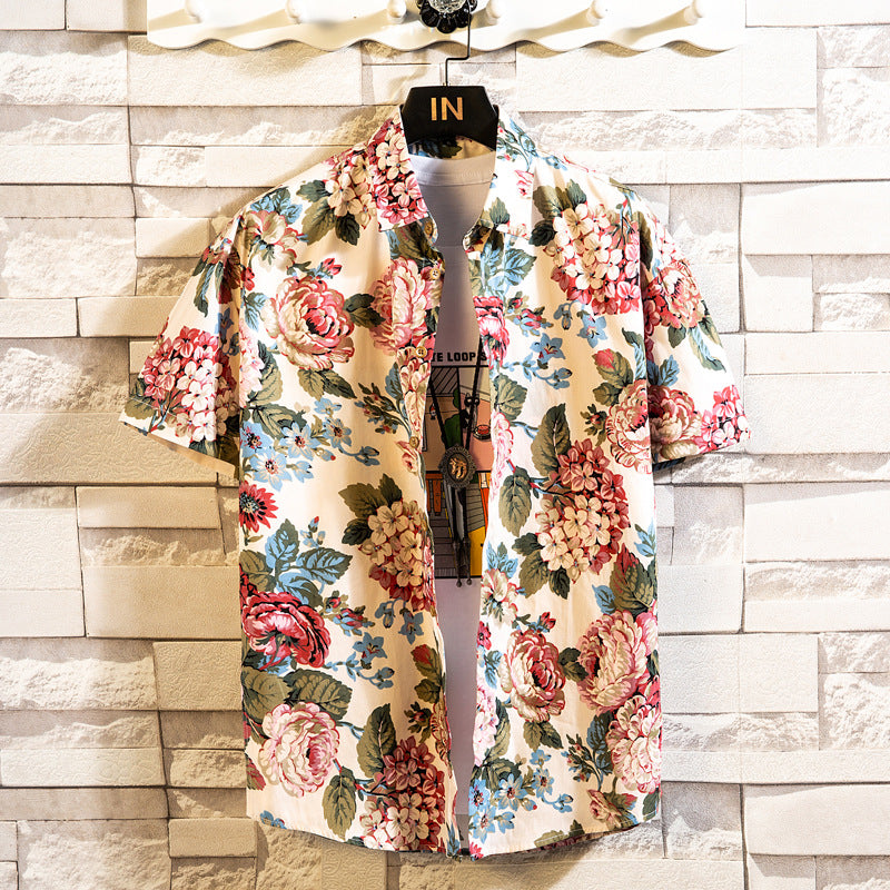 Herr Sommar Blommigt Mönster Kortärmad Skjorta Slagkrage Slim Fit Kofta Stil Multifärgad