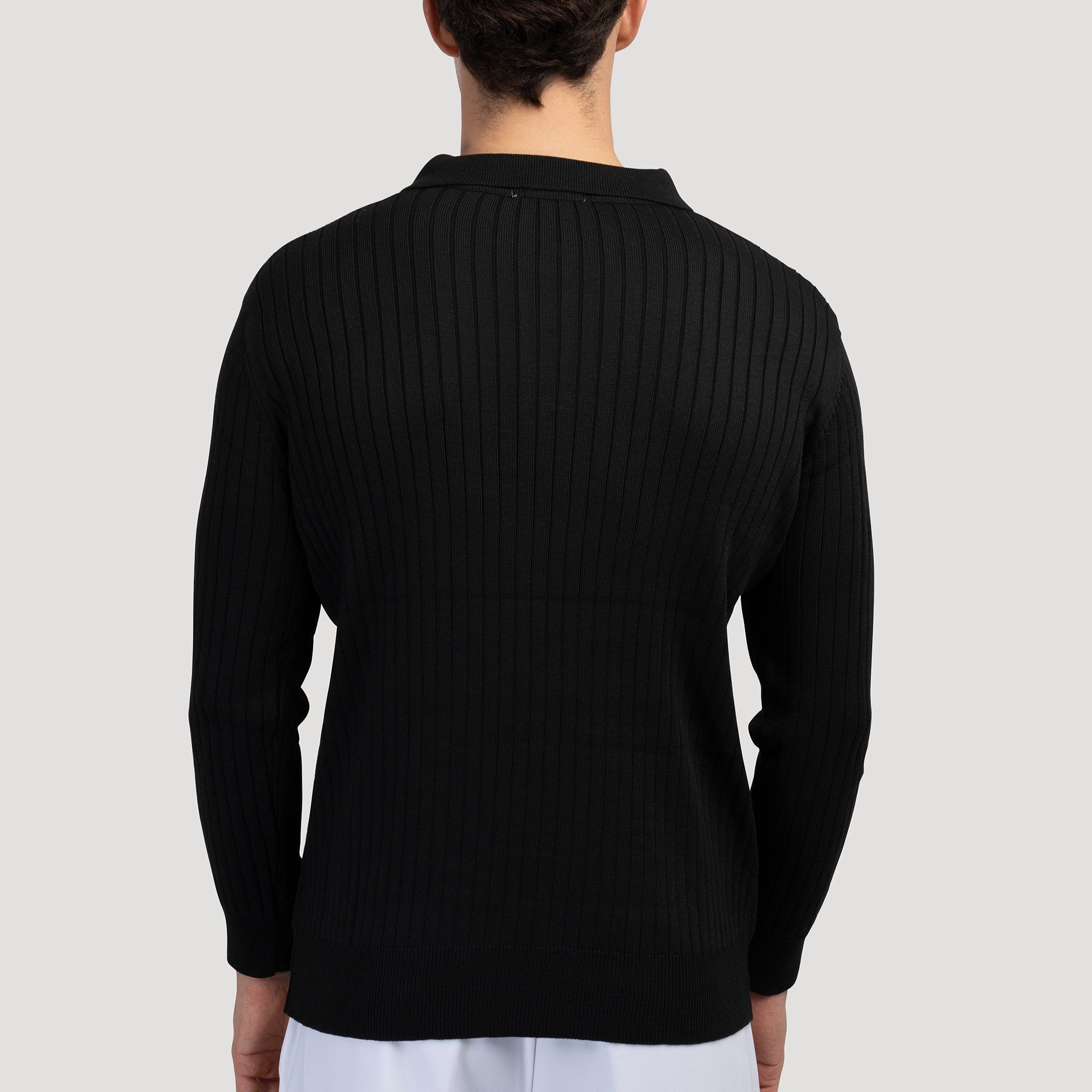 Herr Långärmad Pikétröja Med Knappkrage Och Vertikal Ribbad Design