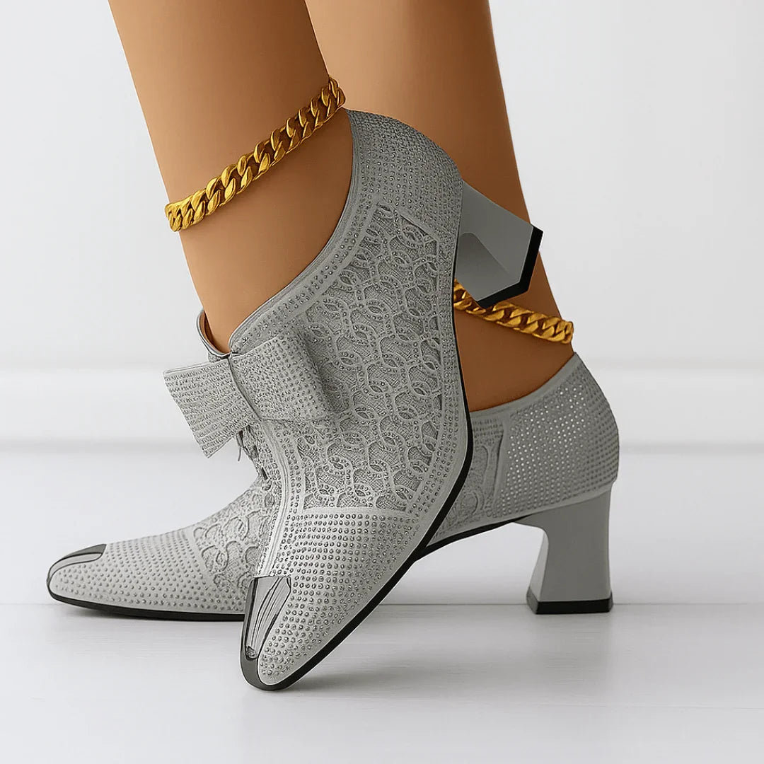 Kvinnor Klackskor Med Rhinestone Rosett Spetsig Tå Och Blockklack 6cm