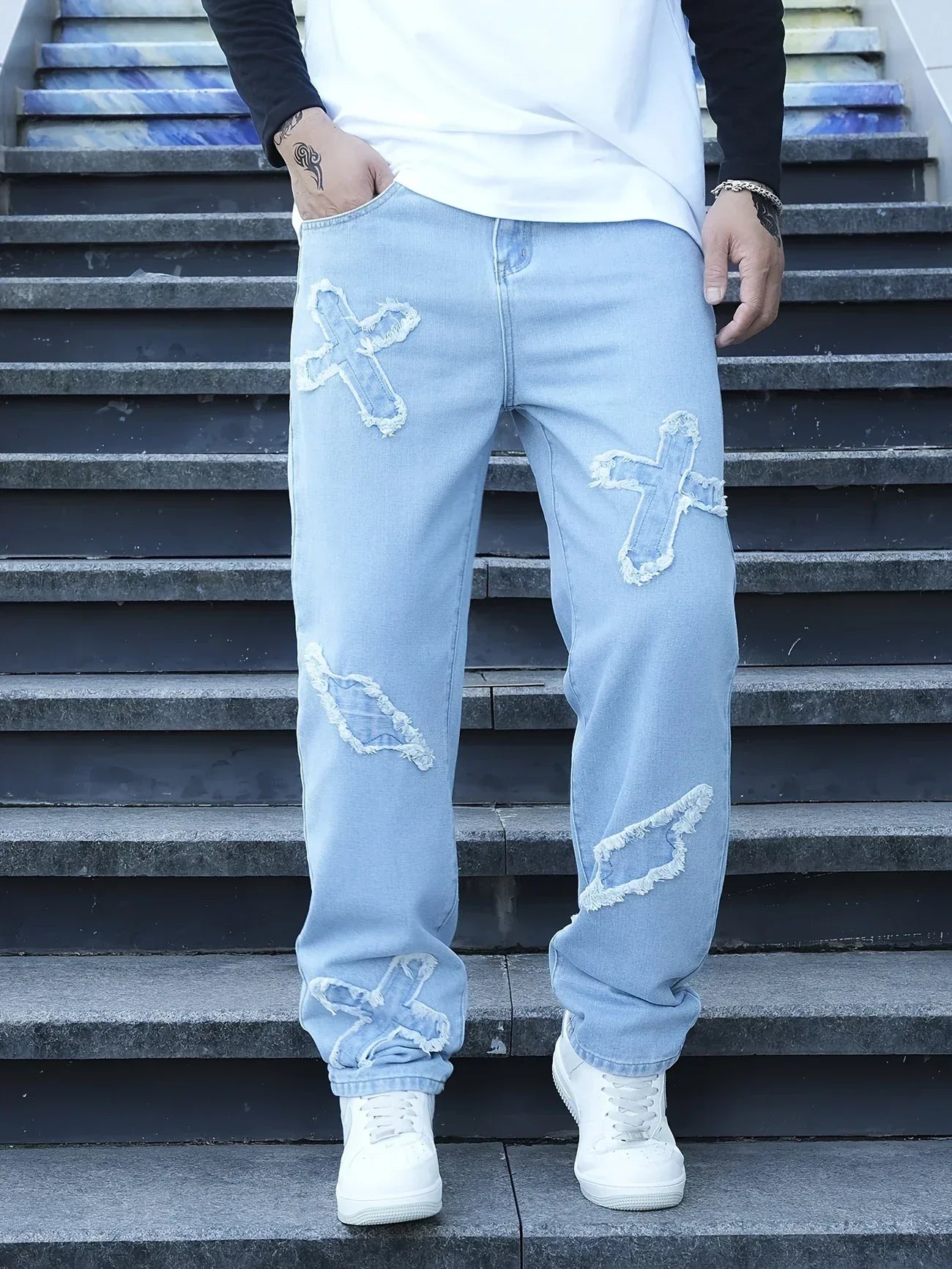 Herrjeans Broderade Lösa Passform Raka Ben