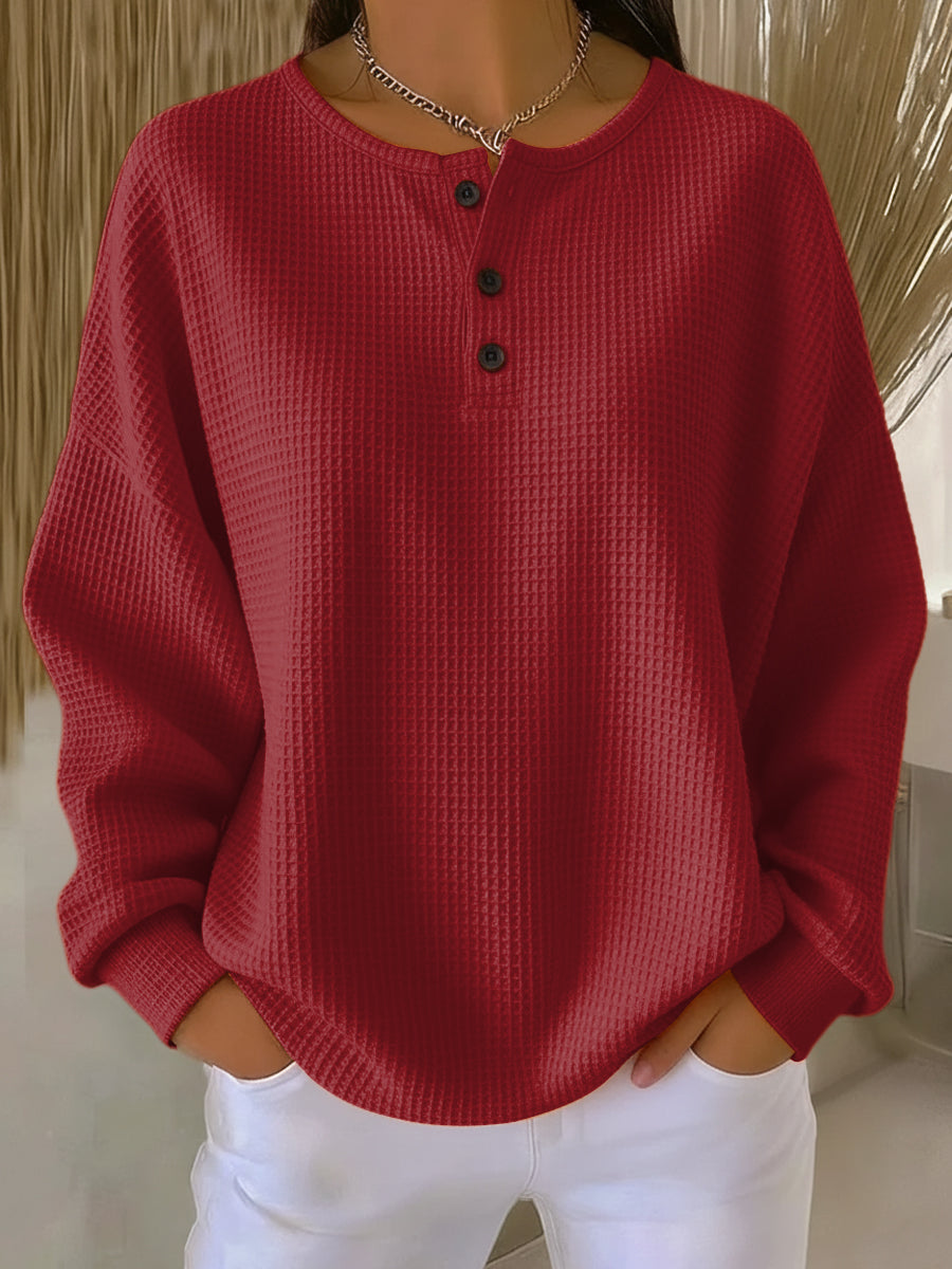 Kvinna Sweatshirt Med Henley-Hals och Waffle Stickning