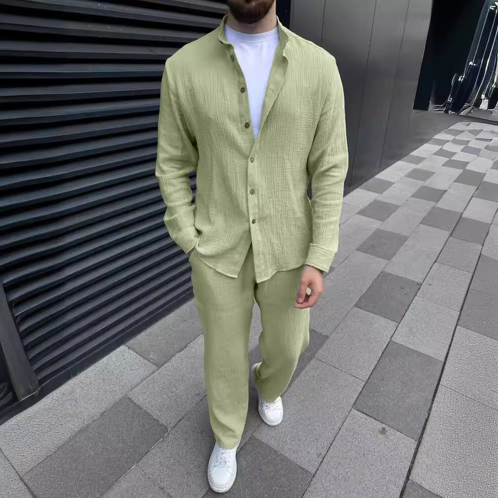 Herr Långärmad Tvådelat Set Skjorta Beskurna Byxor Enfärgad Färg Multifärgad Lättvikt Matchande Outfit