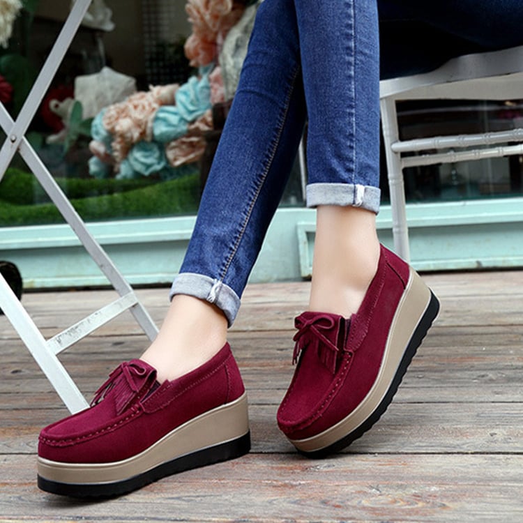 Slip-On Wedge-Skor För Kvinnor Med Tofsrosett Och Tjock Sula
