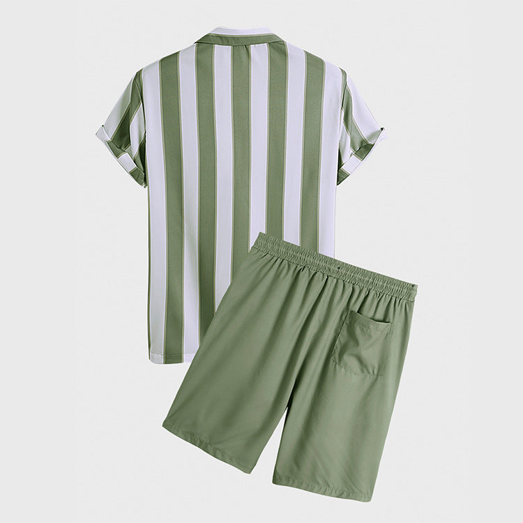 Herr Kortärmad Blommig Randig Skjorta Shorts Tvådelat Set Bomull Polyester Blandning Fritidsoutfit Grön Blå Färgalternativ