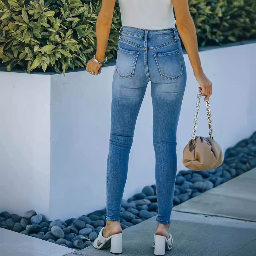 Dambyxor Med Medelhög Midja, Skinny Denimblandning, Ljusblå, Hög Elasticitet