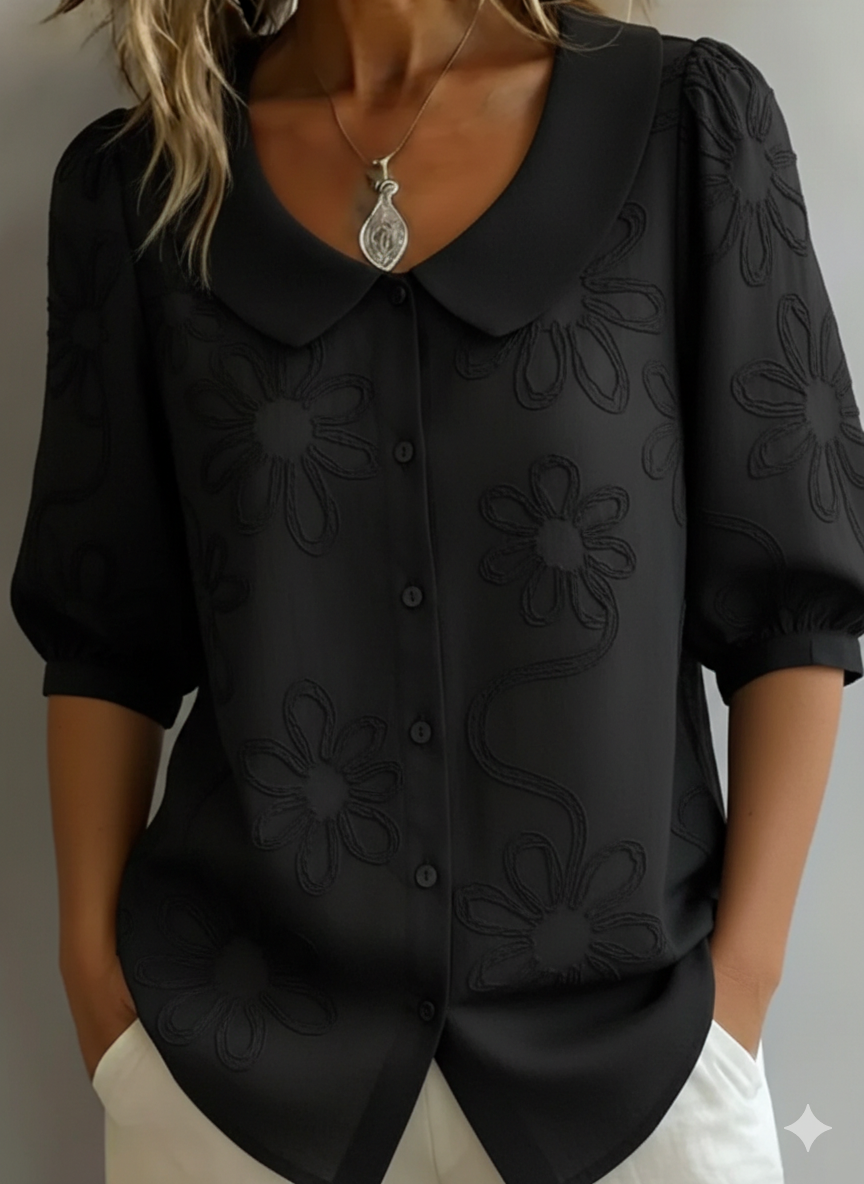 Blus Med Blommig Broderi Och Peter Pan-Krage För Kvinnor