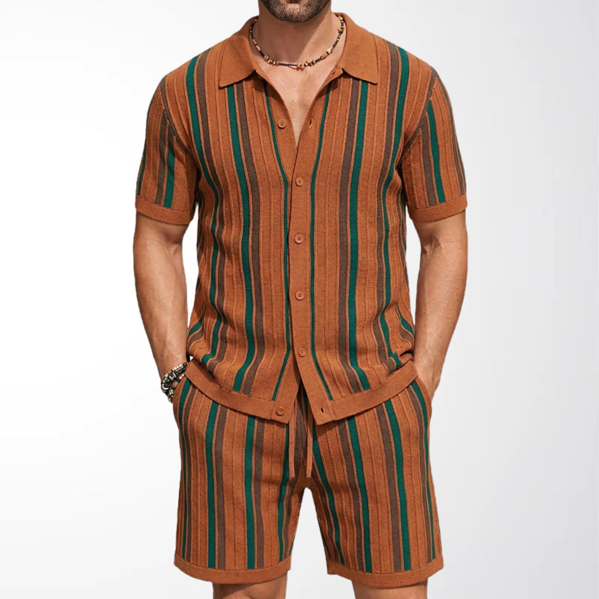 Herr Kortärmad Stickad Polo Och Shorts Tvådelat Set