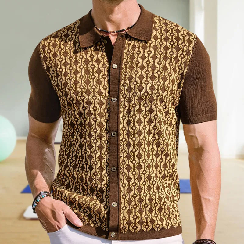 Herr Kortärmad Kofta Med Slagmönster Geometrisk Jacquard Flockad Knapptröja