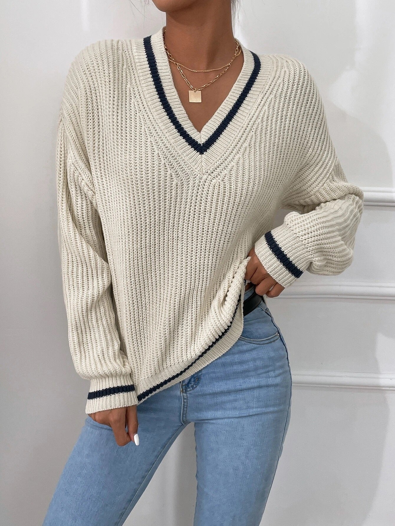 Dam V-Ringad Tröja Med Lång Ärm Och Kabelstickad Pullover