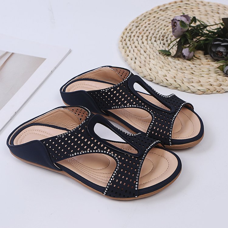 Dam Sommar Fiskmun Platta Sandaler Strass Ihåliga Slip-On