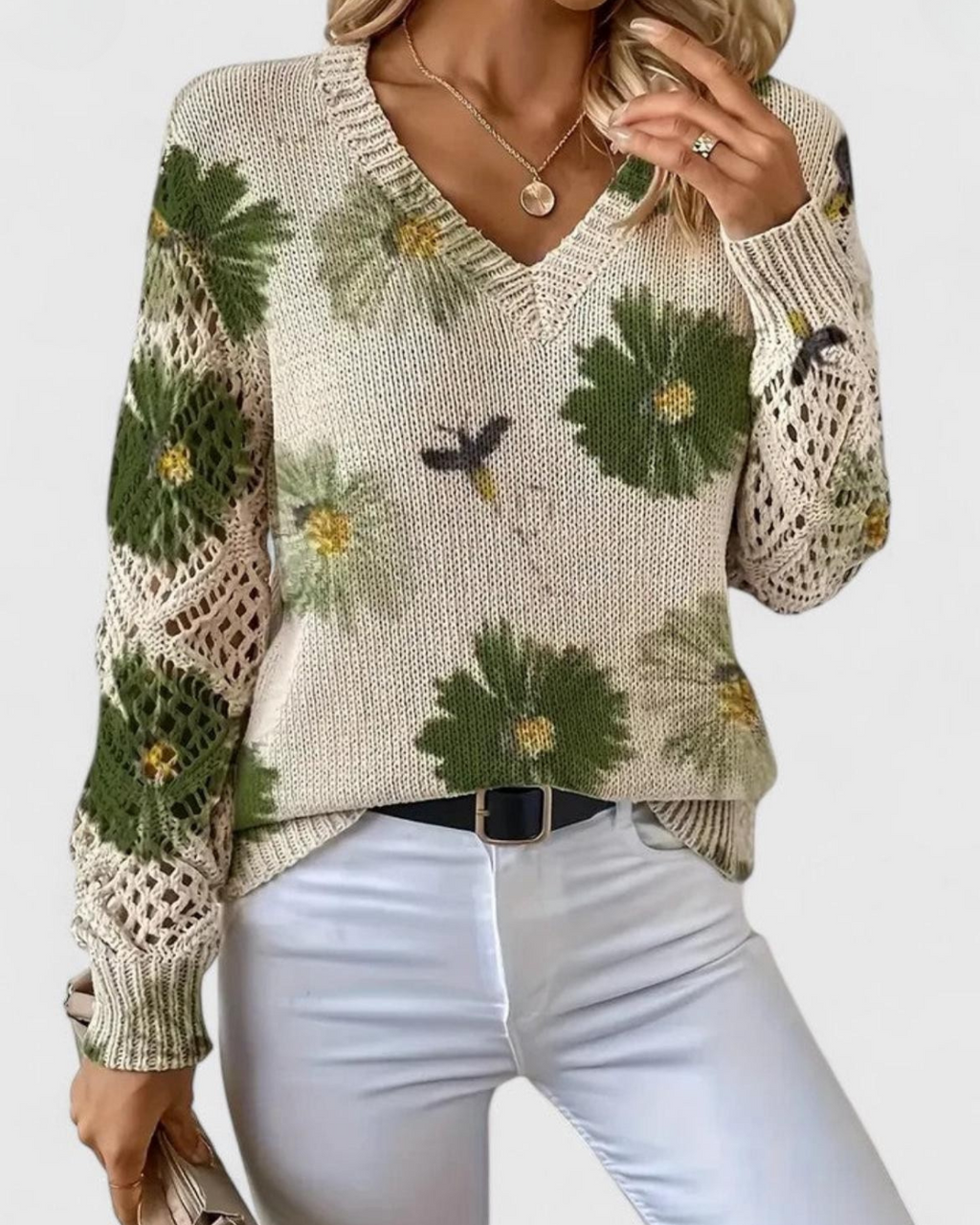 Kvinnotröja Med Öppen Stickning På Ärmar Och Mjuk Textur