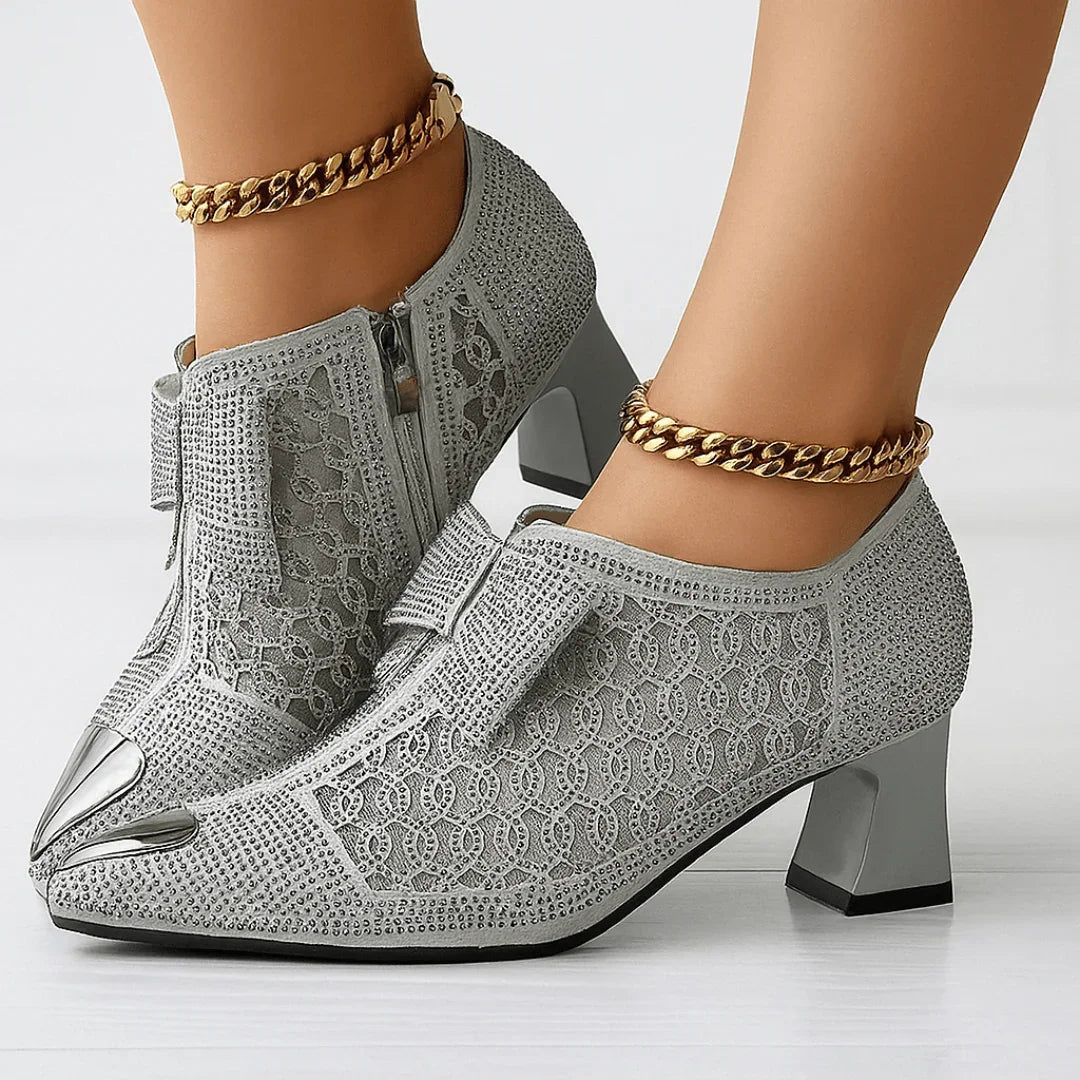 Kvinnor Klackskor Med Rhinestone Rosett Spetsig Tå Och Blockklack 6cm