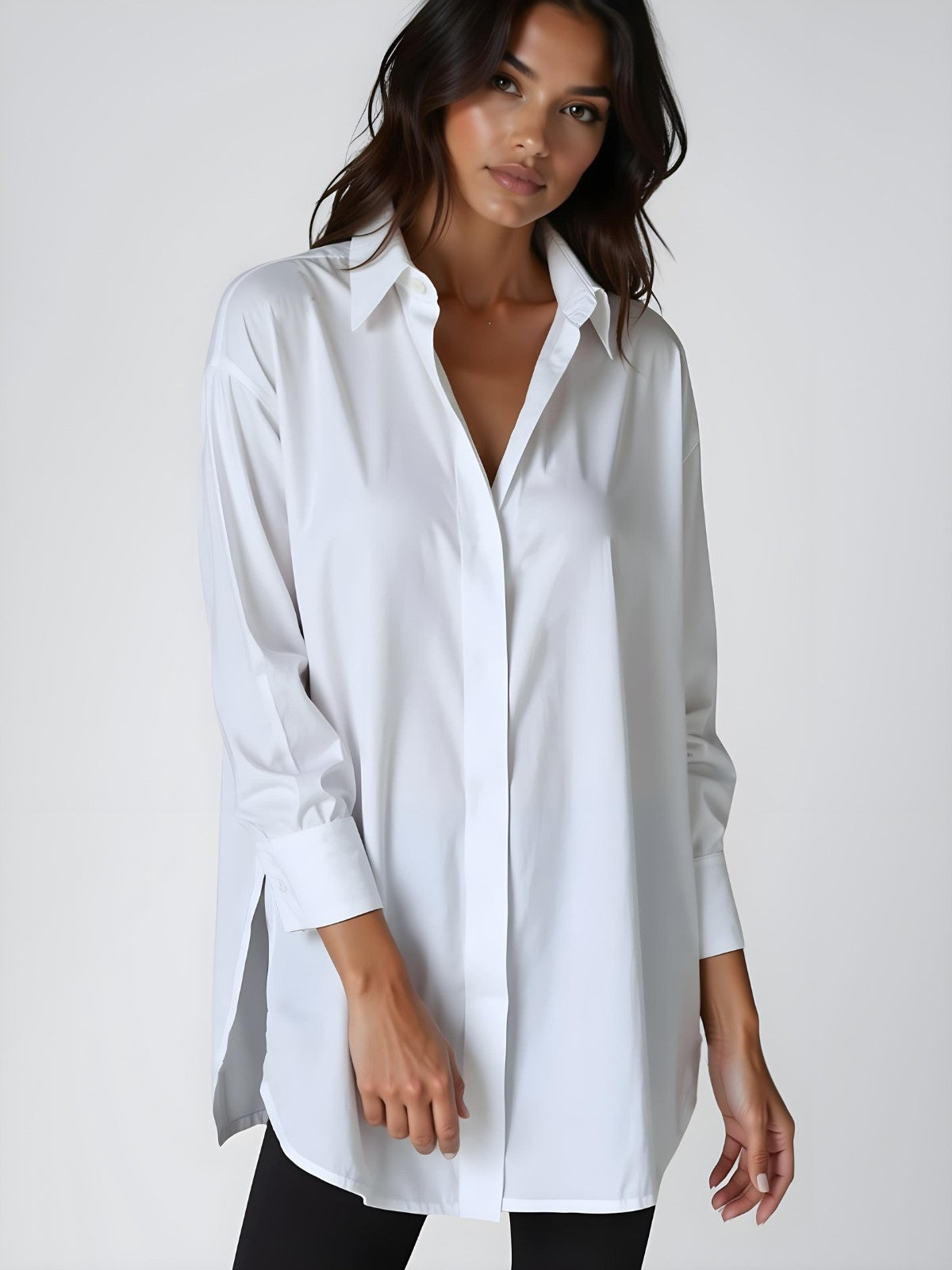 Kvinnors Oversized Skjortklänning med Slagkrage, Knäppning och Sidslits