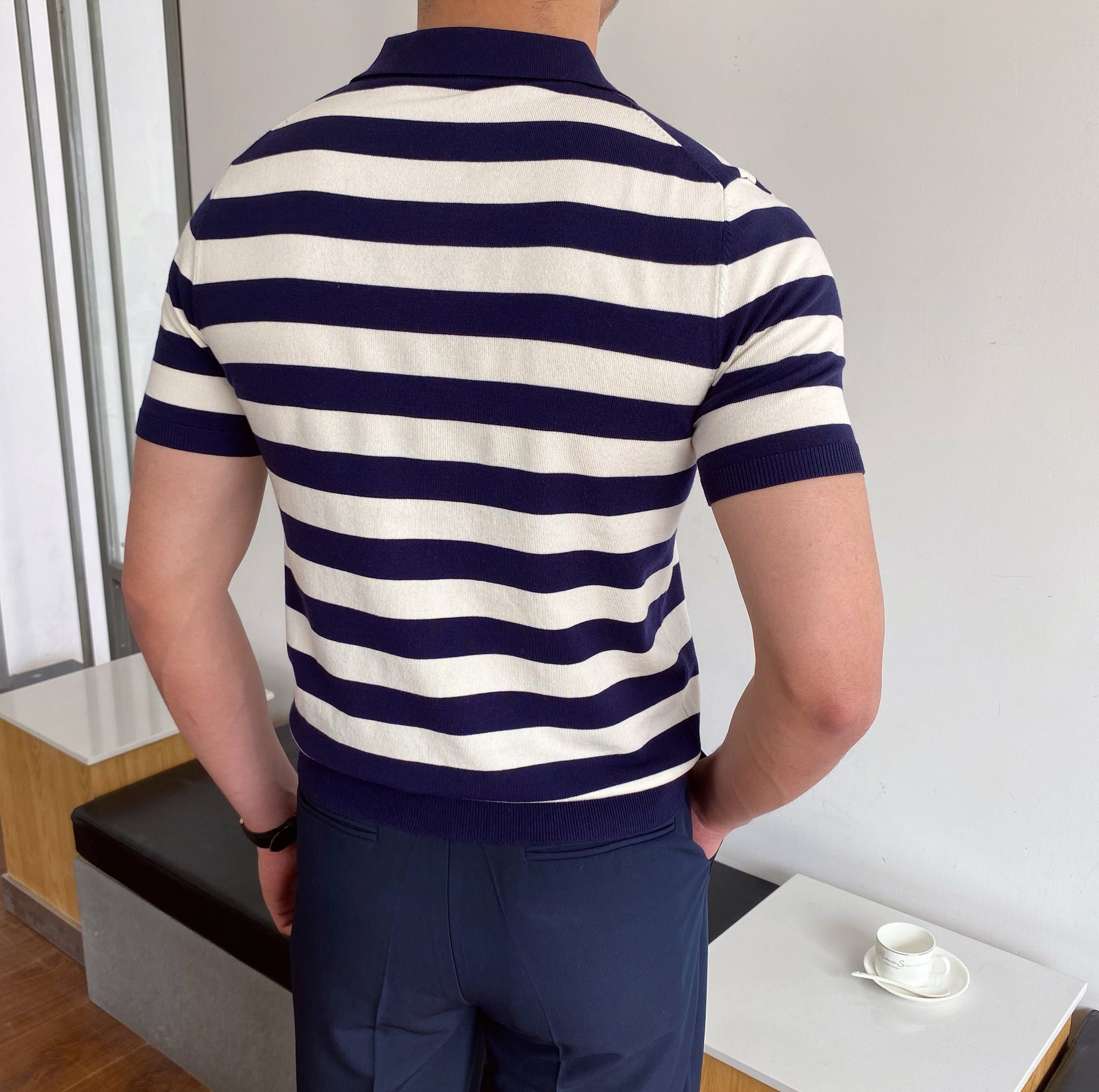 Herr Sommar Randig Kortärmad Skjorta Flockad Mörkblå Regular Fit Tunn
