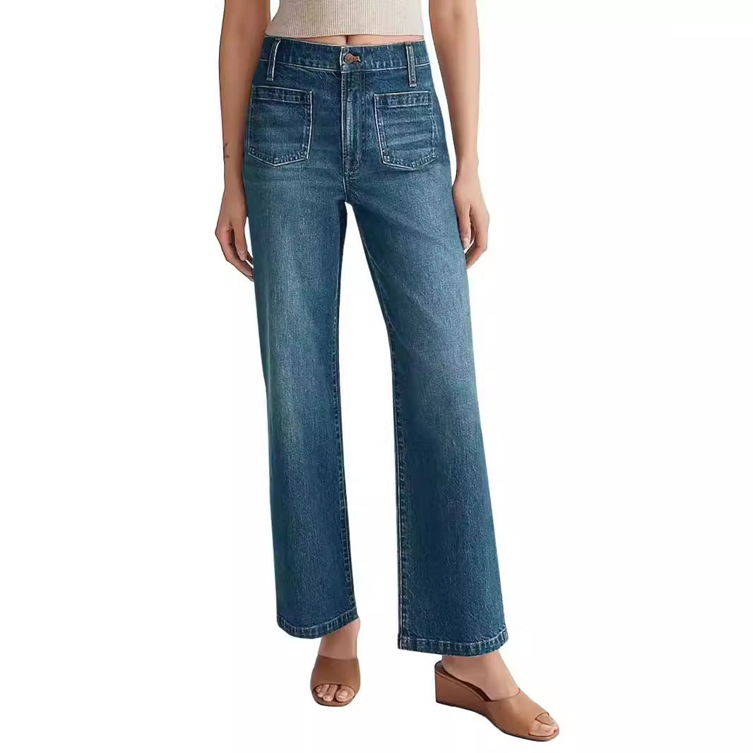 Damjeans Med Hög Midja Och Vida Ben, Sliten Design Med Fyrkantiga Fickor