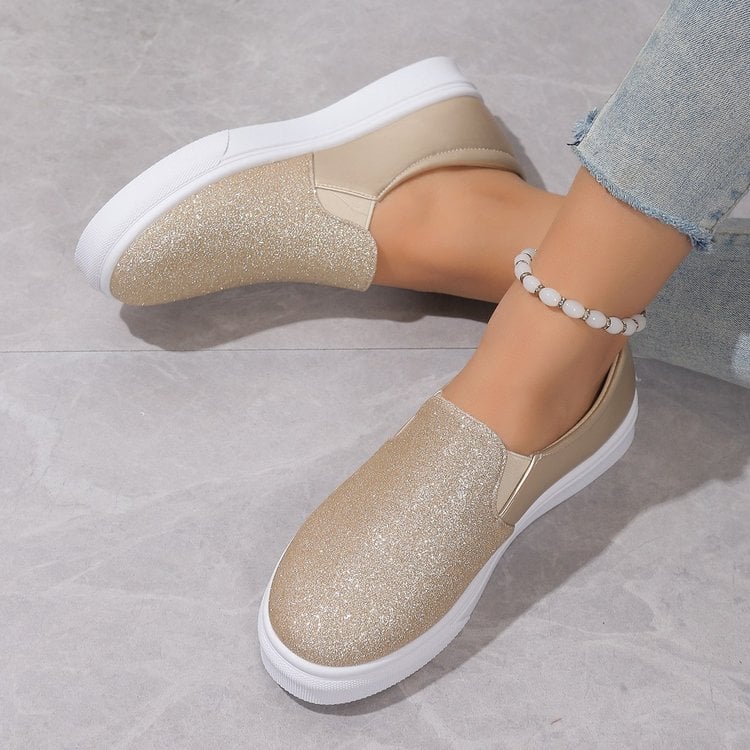 Rund Tå Med Paljettdetaljer För Kvinnor, Loafers Med Resårband Och Platt Gummisula