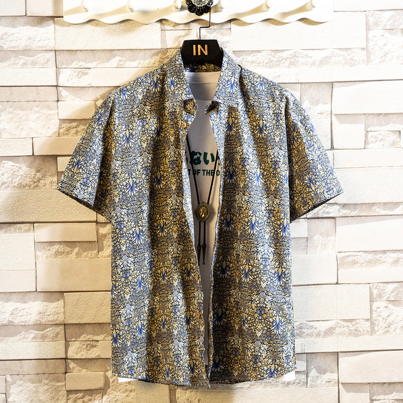 Herr Sommar Blommigt Mönster Kortärmad Skjorta Slagkrage Slim Fit Kofta Stil Multifärgad