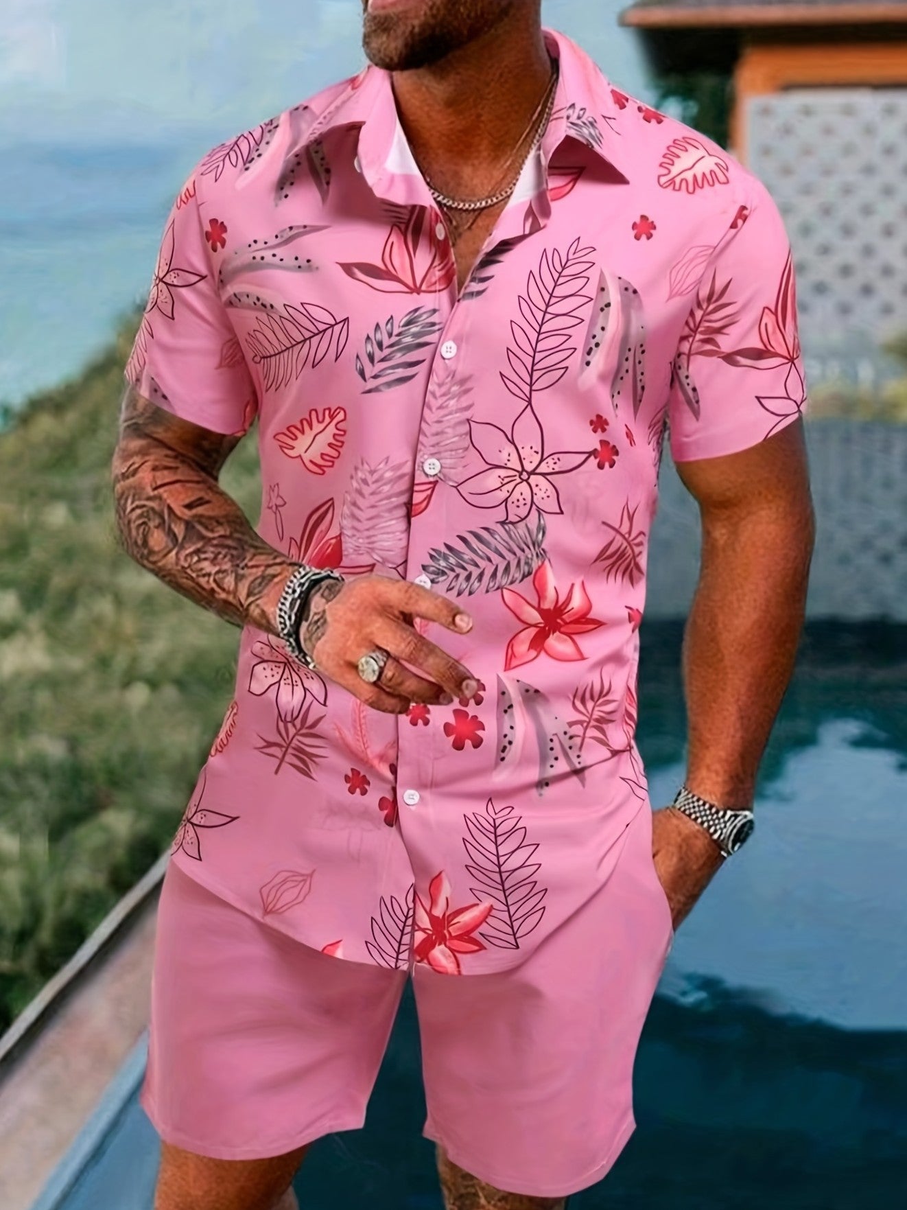 Herr Sommarshortsset Kortärmad T-Shirt Och Shorts Bomullsblandning