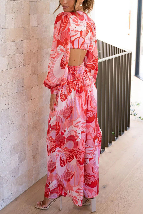 Jumpsuit För Kvinnor, Rygglös, Blommigt Tryck, Långärmad, Hög Midja, Raka Ben