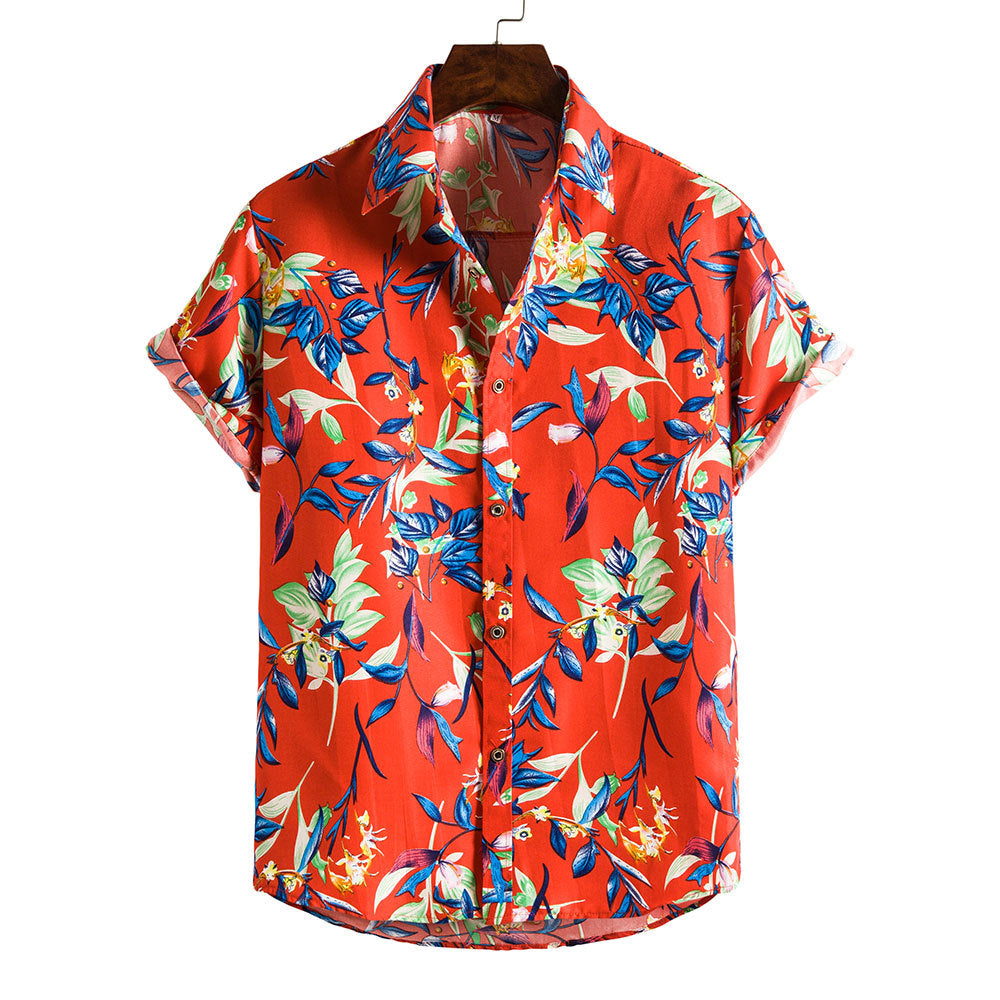 Herr Sommar Blommigt Mönster Kortärmad Skjorta Slagkrage Slim Fit Holiday Topp