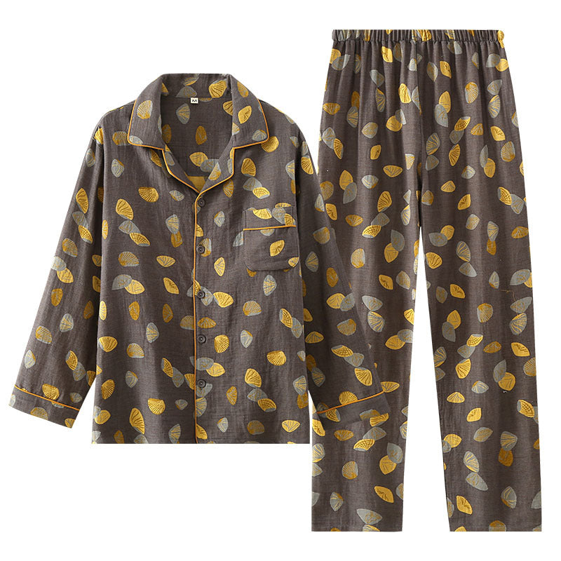 Herr Fyra Säsonger Tvådelat Pyjamasset Långärmade Byxor Garnfärgad Gasbinda Jacquard Dubbelskiktad Transparent Matchande Outfit Lätt