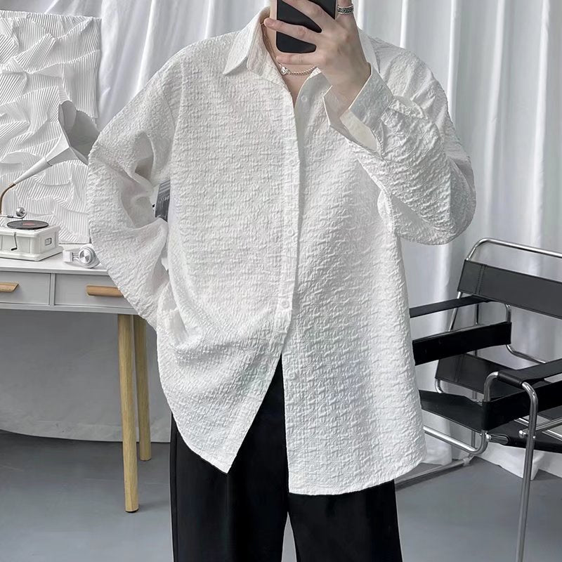 Herr Vår Höst Präglad Enfärgad Jacquard Långärmad Loose Fit Kofta Skjorttopp