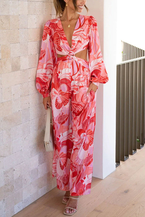 Jumpsuit För Kvinnor, Rygglös, Blommigt Tryck, Långärmad, Hög Midja, Raka Ben