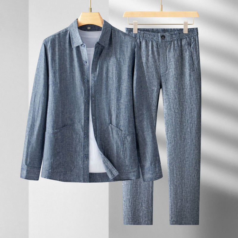 Herr Långärmad Linneblandad Kostym Normal Passform Acetatfiber Casual Tvådelat Set