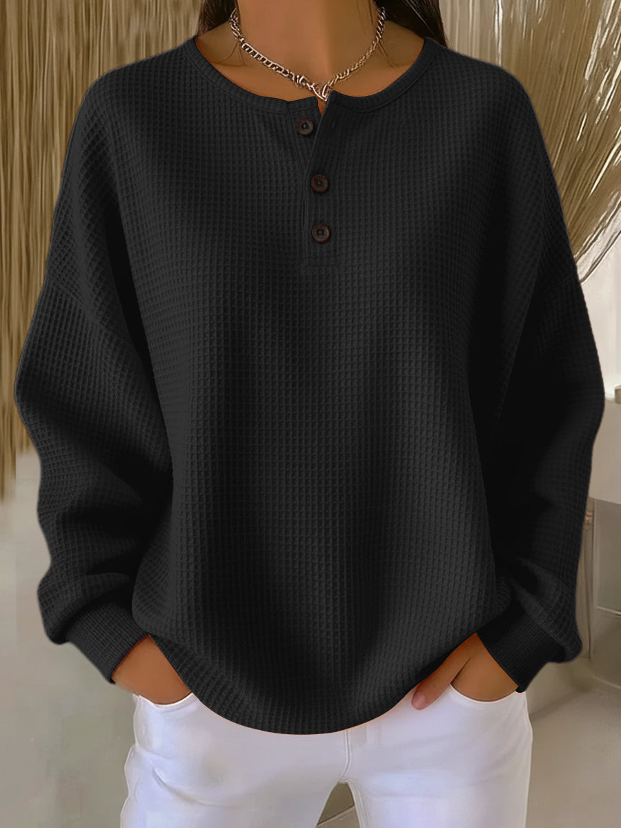 Kvinna Sweatshirt Med Henley-Hals och Waffle Stickning