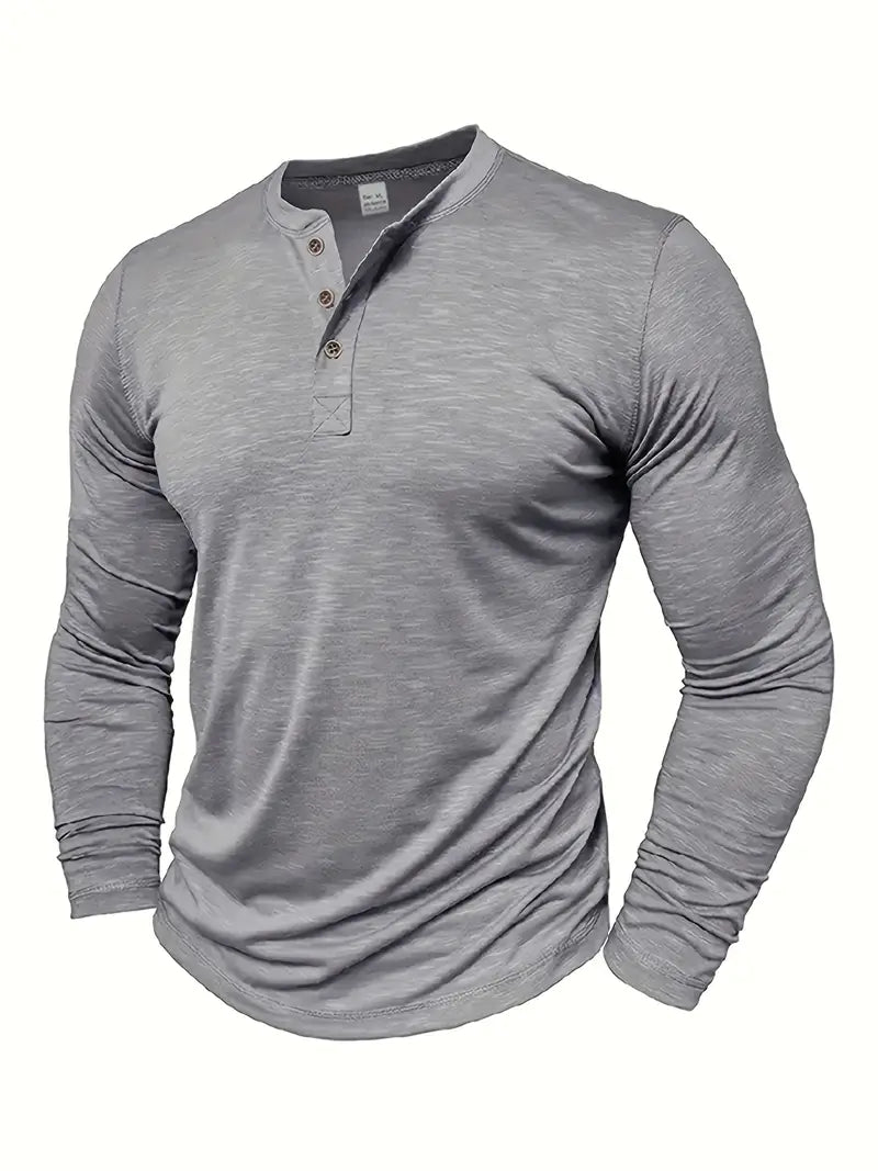 Herr Långärmad Henley T-Shirt Med Knäppning Vid Halsringning