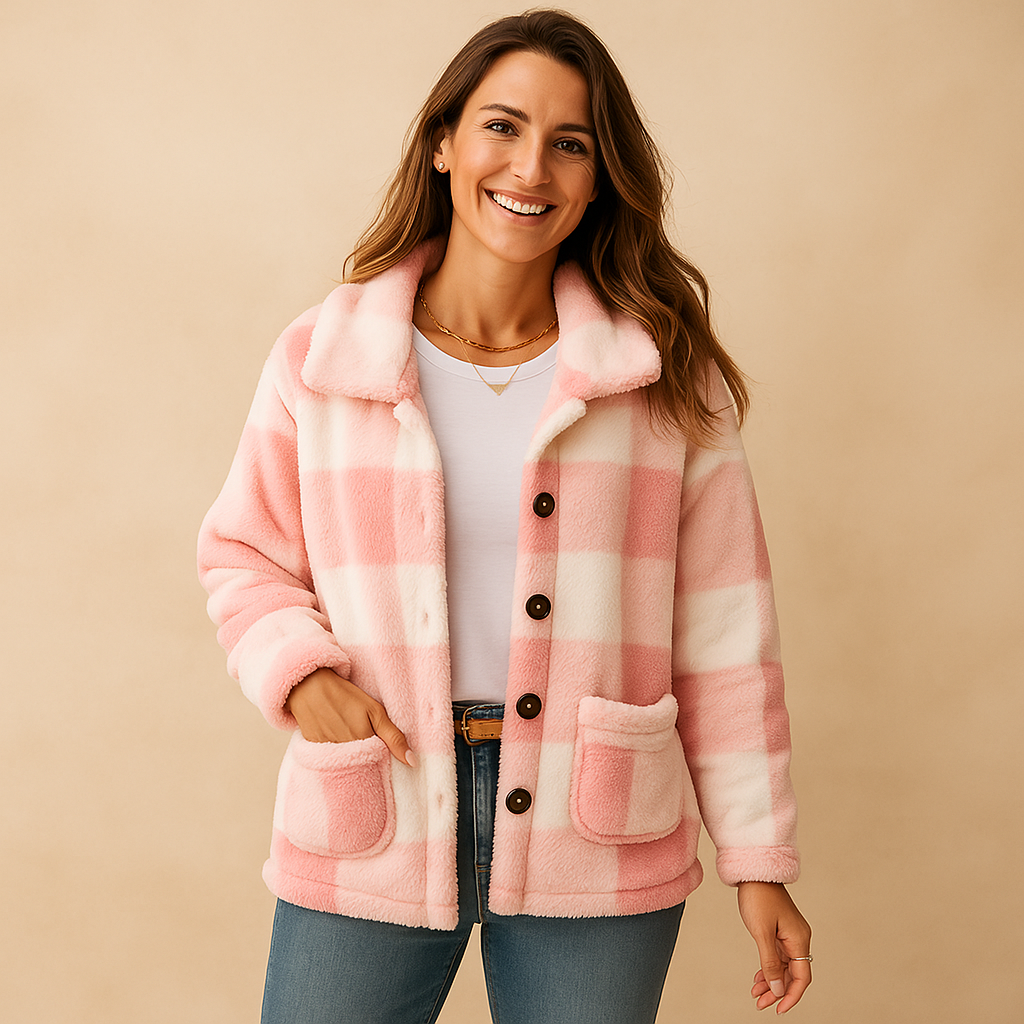 Kvinnors vinterjacka med rutigt mönster, tryckknappsstängning och bröstfickor