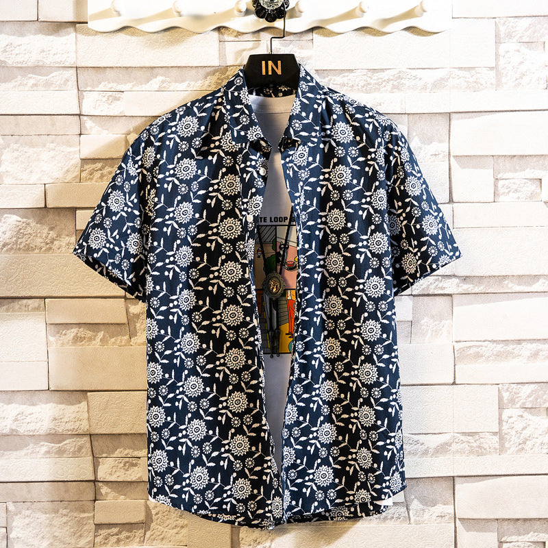 Herr Sommar Blommigt Mönster Kortärmad Skjorta Slagkrage Slim Fit Kofta Stil Multifärgad