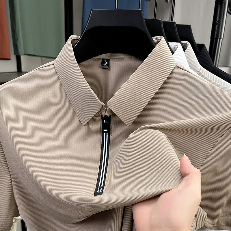 Herr Sommar Issiden Halv Dragkedja Kortärmad Slim Fit Business Poloshirt Stretchig Enfärgad Färg