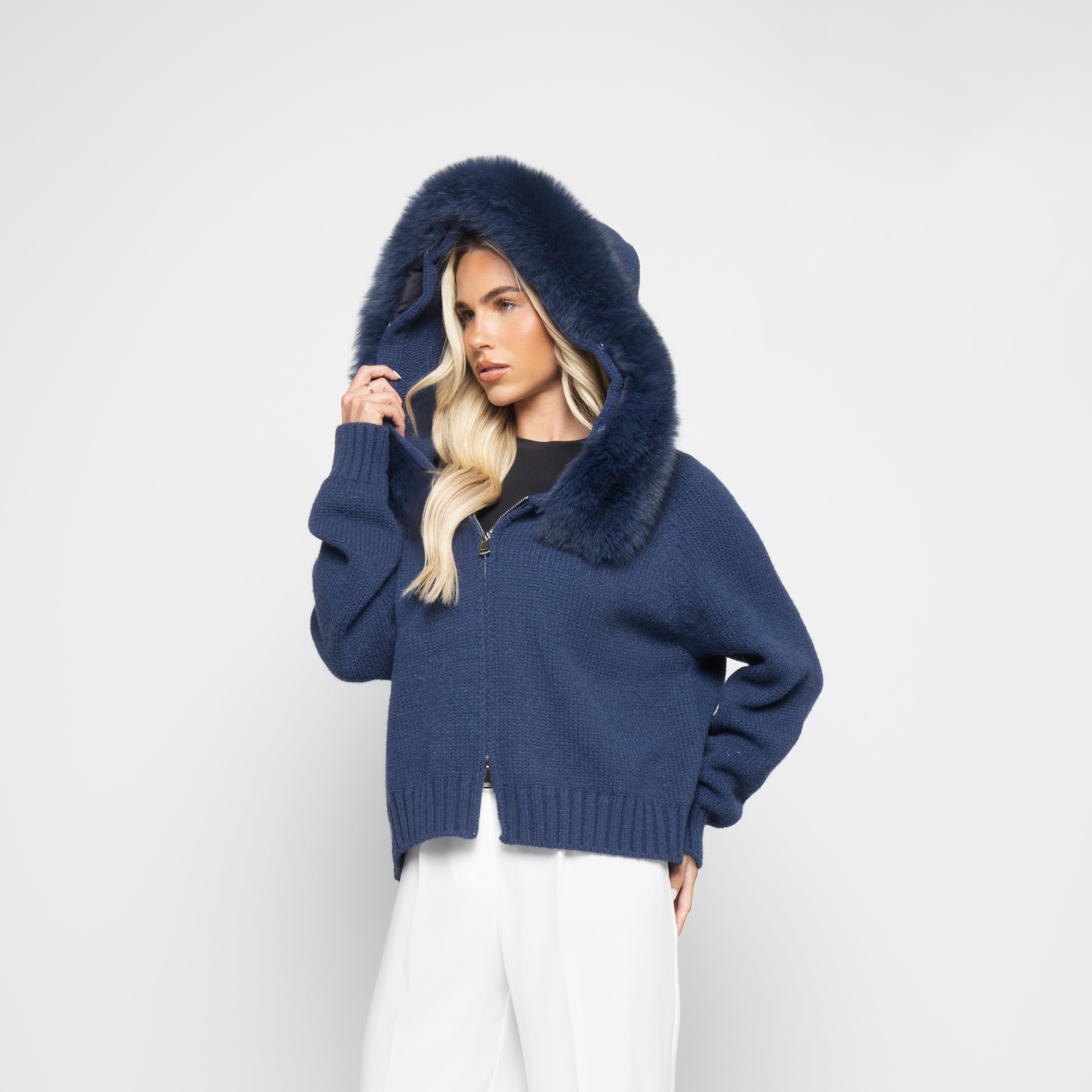 Dam Zip-Up Kofta Med Avtagbar Pälshuva Och Stickad Design