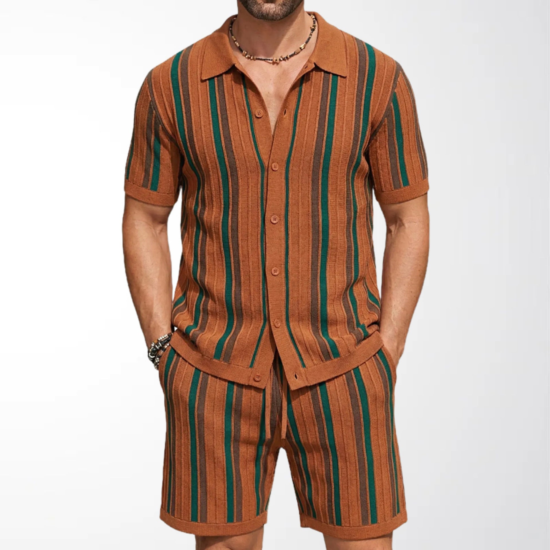 Herr Kortärmad Stickad Polo Och Shorts Tvådelat Set