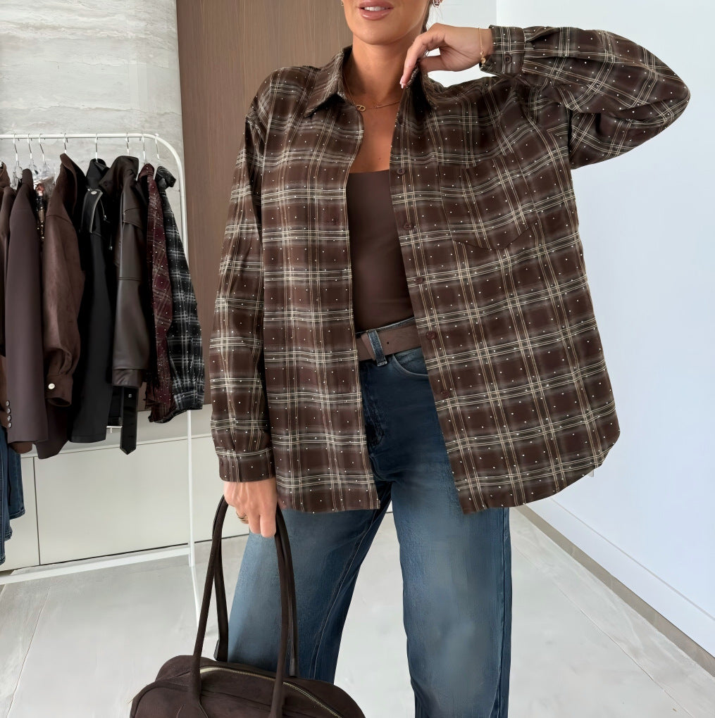 Dam Vinterkappa Enkelknäppt med Strassrutigt Mönster och Långa Ärm