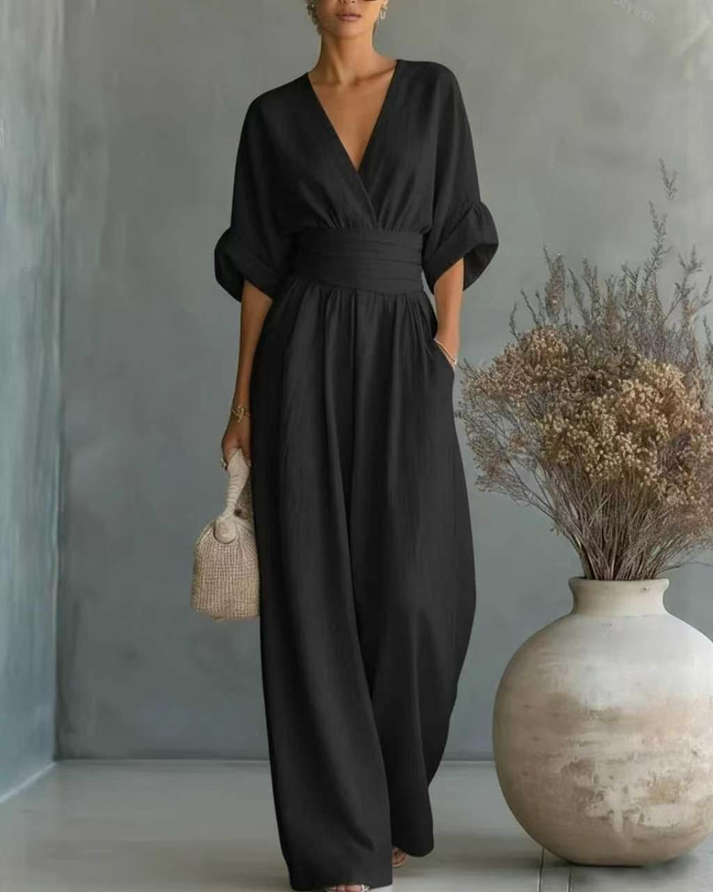 Damjumpsuit V-Ringad Hög Midja Full Längd Slim Fit