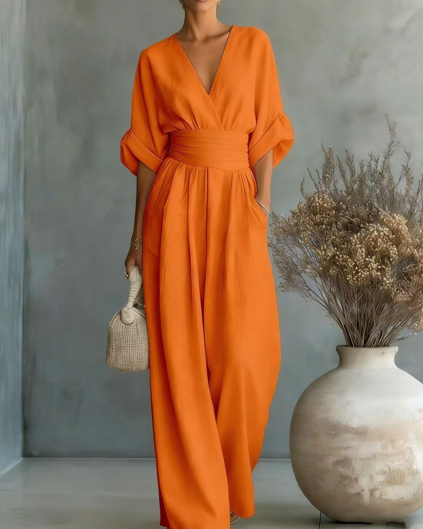 Damjumpsuit V-Ringad Hög Midja Full Längd Slim Fit