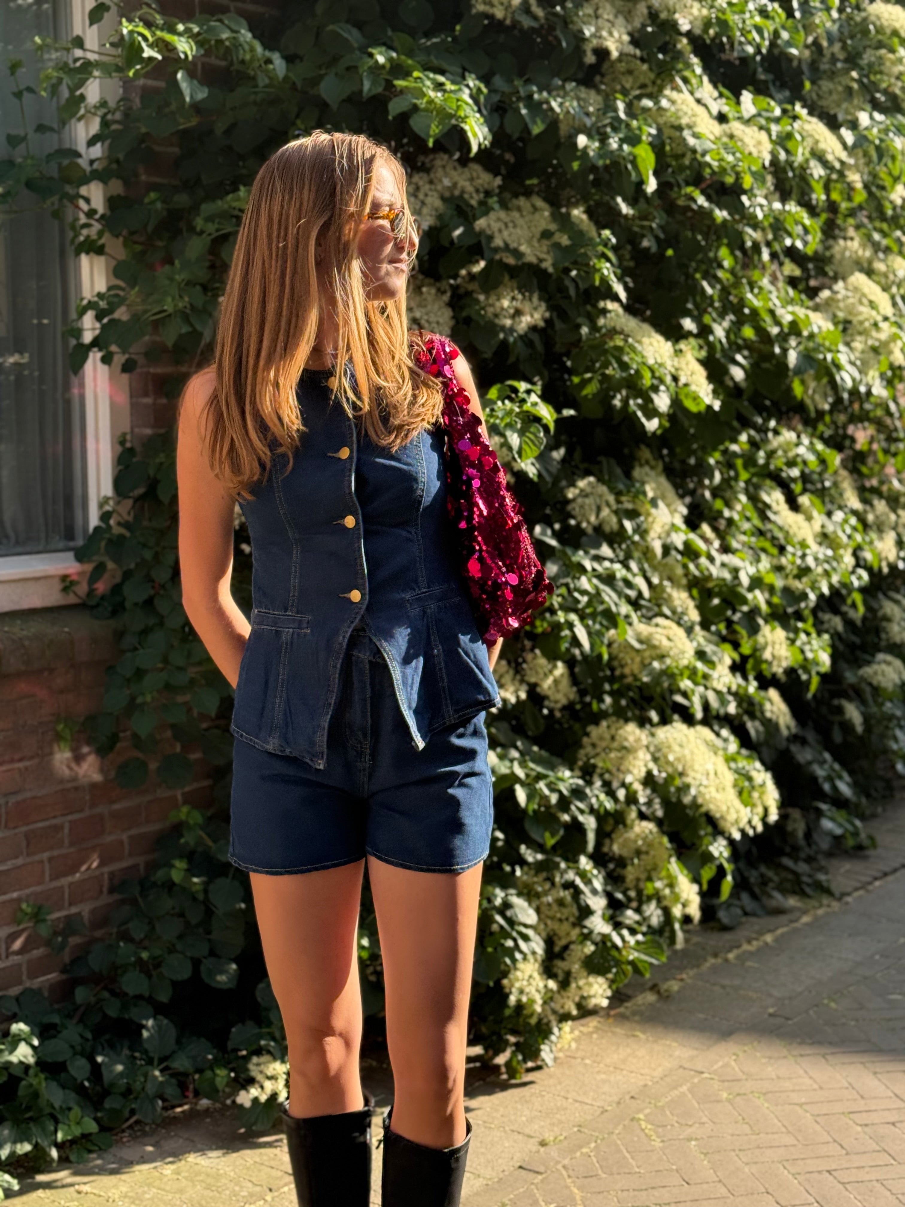 Dam Sommardenim Set i Två Delar: Ärmös Västen &amp; Shorts